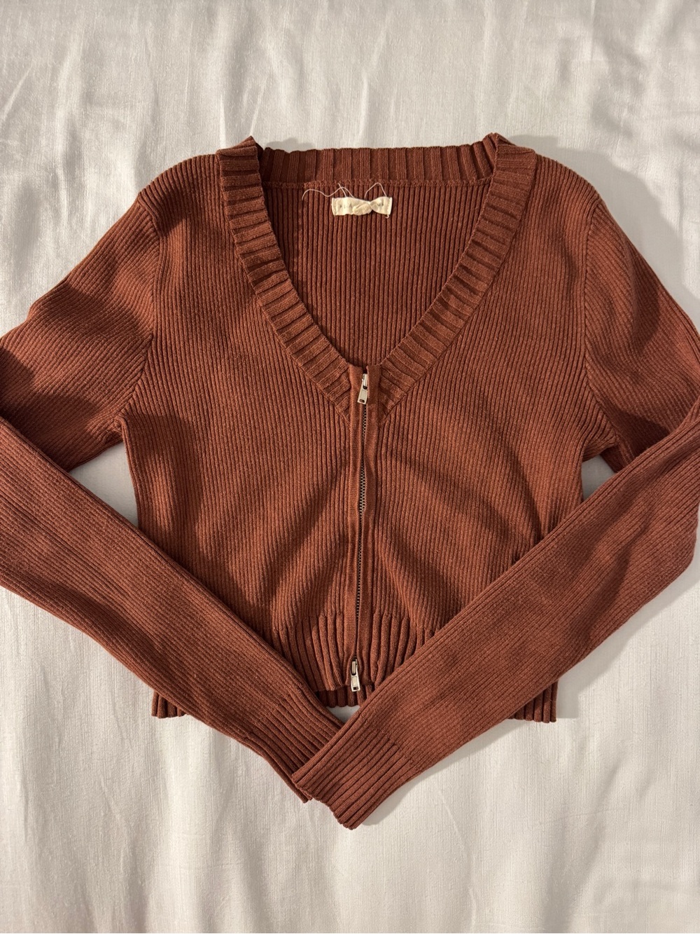 Pacsun LA Hearts Women’s Rust Brown Ribbed V-Neck Zip Cardigan Sweater